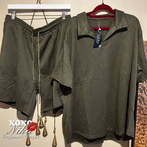 URRU Olive Green Textured Shirt and Shorts Set - 2XL